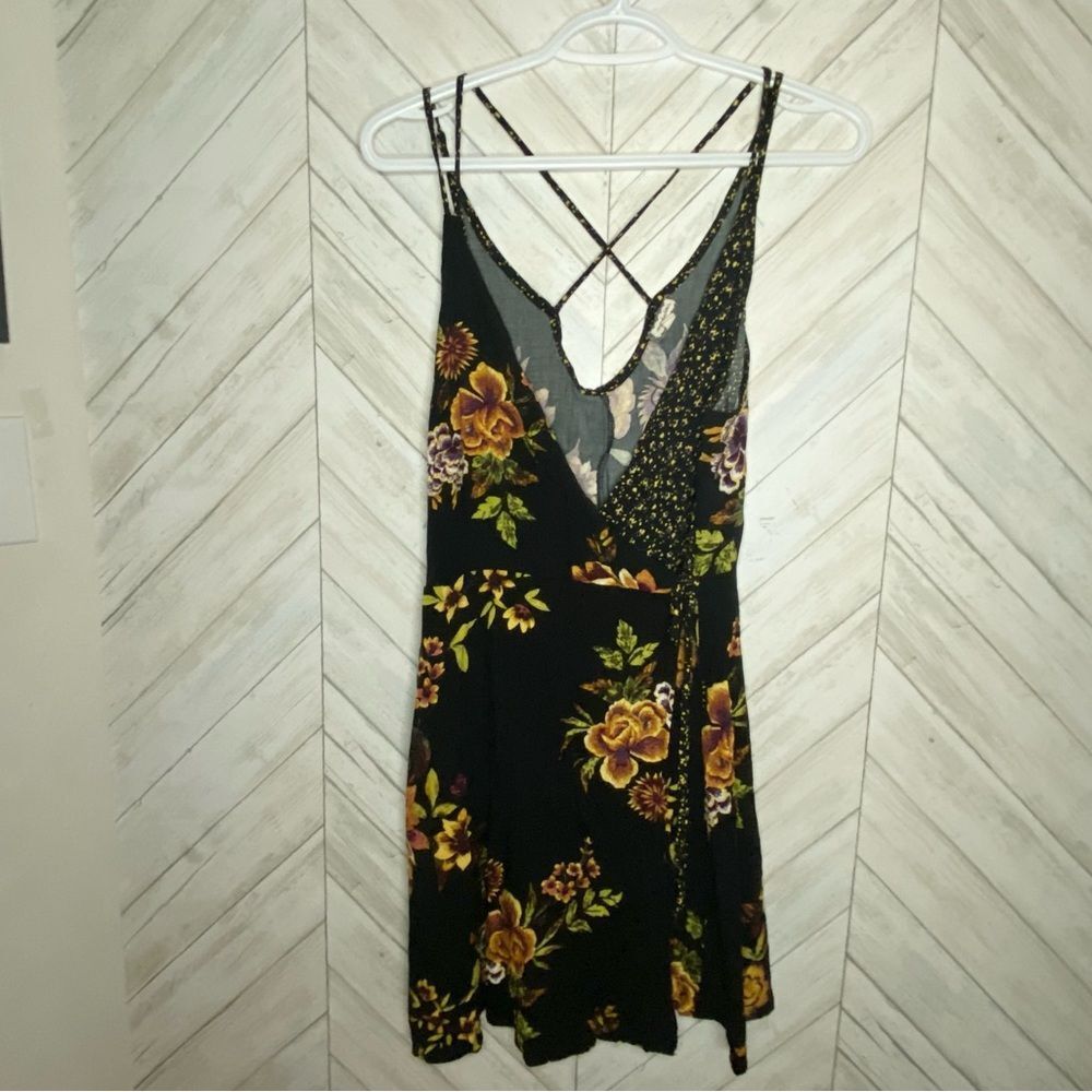 Eyeshadow black floral wrap mini dress